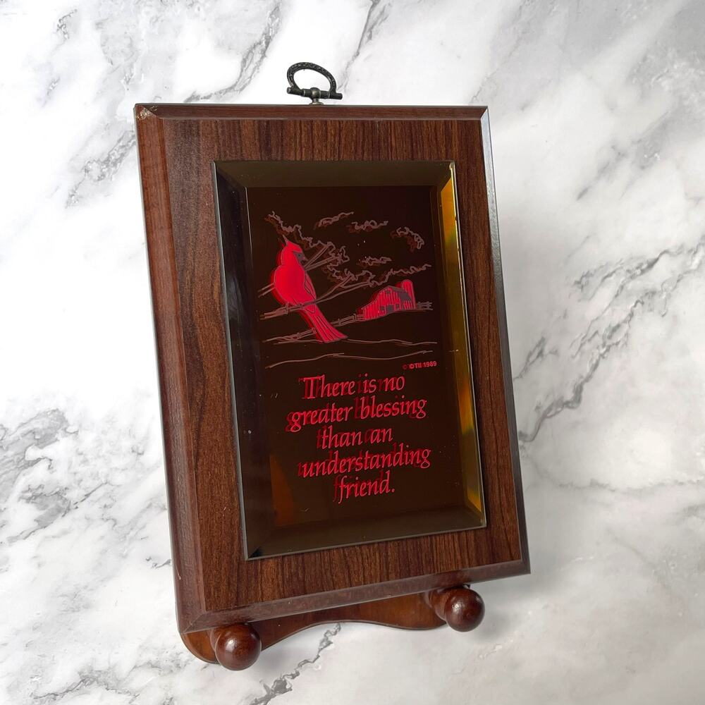 Vintage 1989 Friendship Cardinal Mirror Plaque Wood Wall Hanging TII